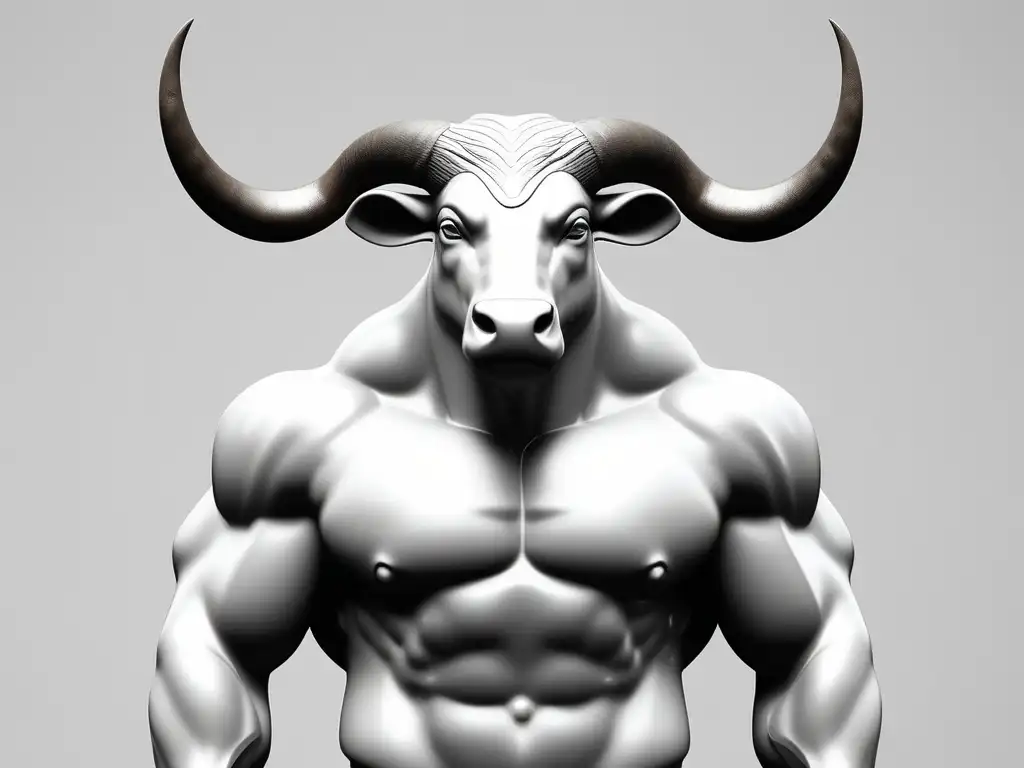 Diseños animales en joyería griega: Minotauro en imagen fotorealista, minimalista y detallada