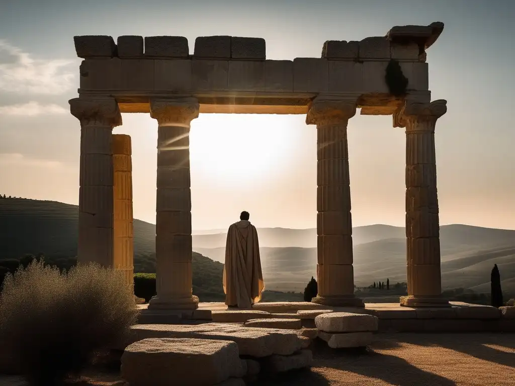 Figura solitaria en ruinas de templo griego, rodeada de paisaje de colinas y olivares