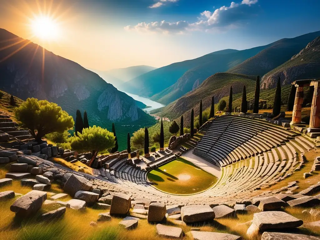 Rutas olvidadas de la Antigua Grecia: Ruinas ancestrales del Oráculo de Delfos, envueltas en montañas verdes, con un aura dorada de sabiduría