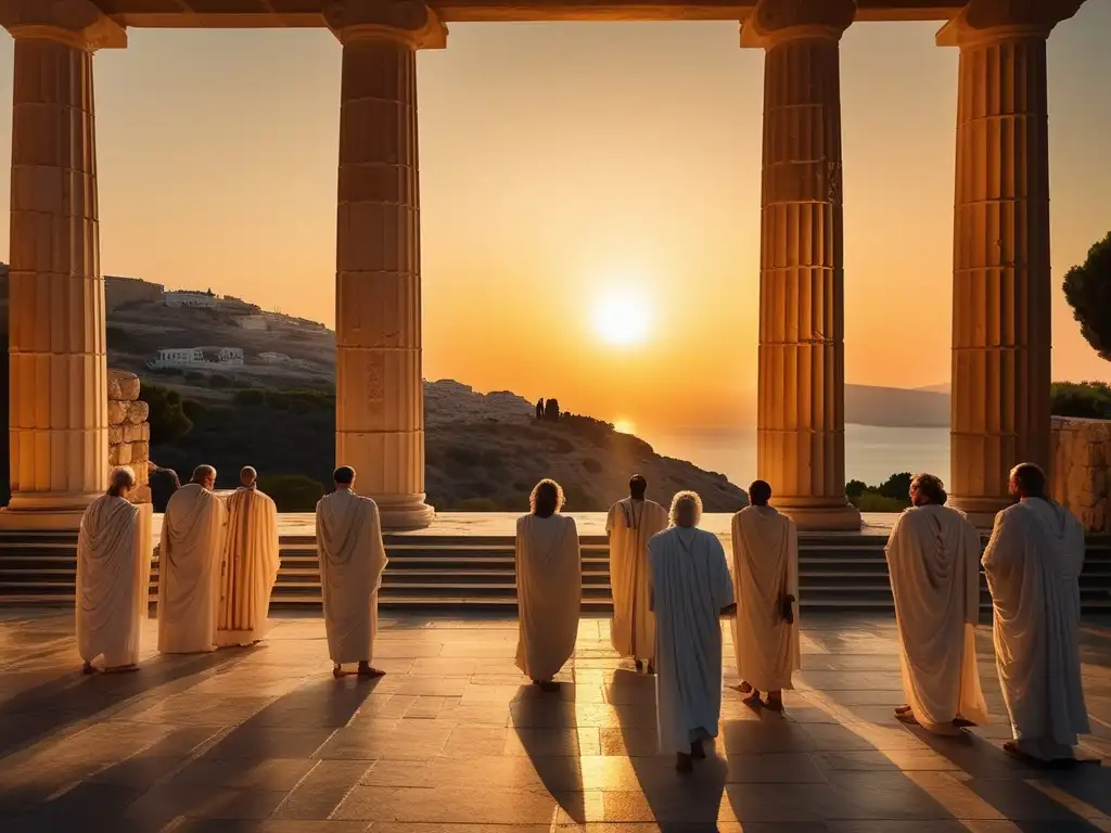 Misterios eleusinos en Grecia: iniciados ante el Telesterion, la entrada sagrada al santuario de Eleusis, al atardecer