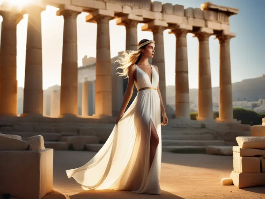 Modelo de moda con vestido griego y tocado: Belleza ancestral y elegancia destacada