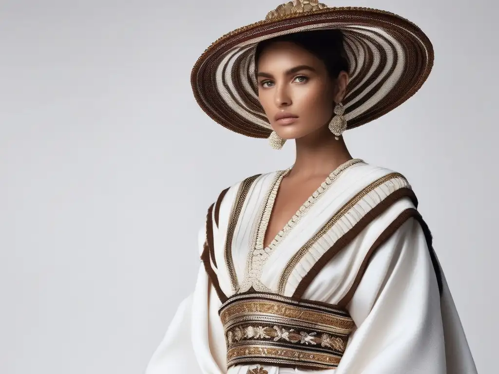 Influencia moda: modelo con chiton griego azul, drapado delicado, elegancia y detalle