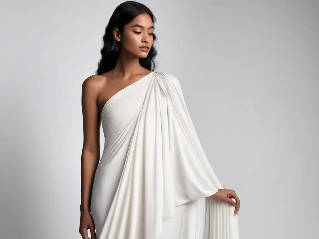 Diseño de moda contemporáneo inspirado en el chitón griego Modelo con diseño contemporáneo inspirado en el chitón griego: Prendas emblemáticas de la antigua Grecia