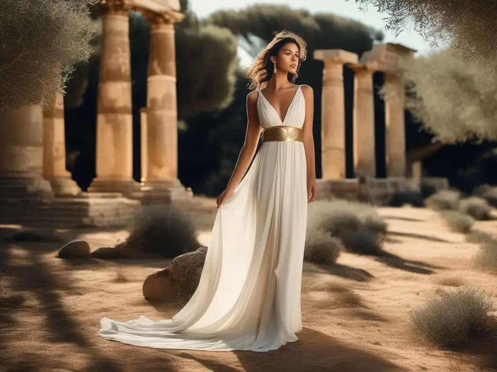 Modelo femenina contemporánea en vestido largo inspirado en la moda griega antigua, rodeada de ruinas y olivos - Moda y vestimenta en Grecia antigua