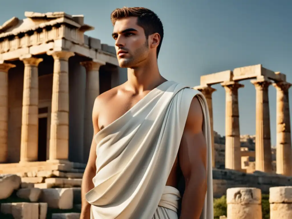 Moda masculina Grecia: modelo con toga, ruinas y estilo elegante y sofisticado