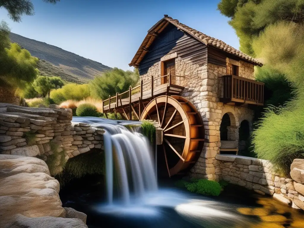 Antiguo molino de agua griego en paisaje pintoresco Molino de agua en Grecia: hidráulica y molienda