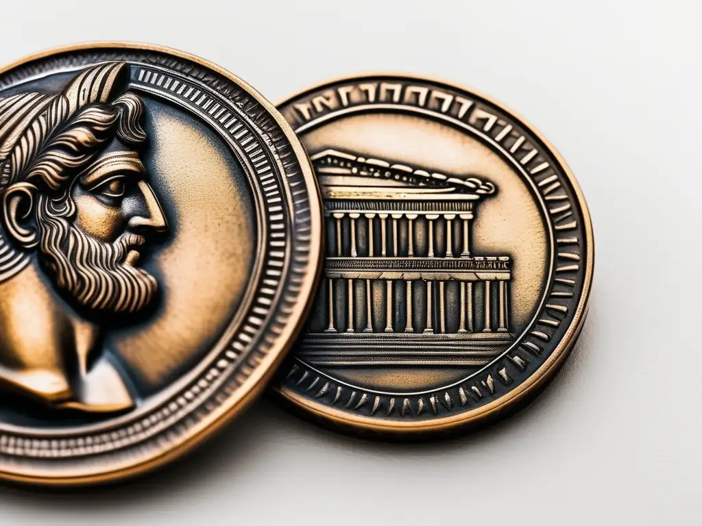 Moneda antigua de Grecia: Zeus o Poseidón en relieve, Parthenon y desgaste en bordes