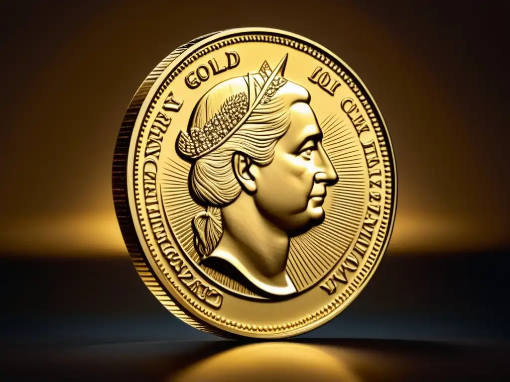 Cambios en el mundo por invención de la moneda: moneda de oro con detalles y engravings, luz cálida y reflejos