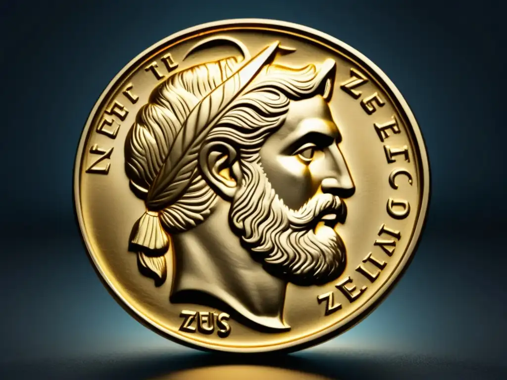 Influencia religiosa en economía griega: Moneda de oro con imagen de Zeus, dios supremo, en relieve