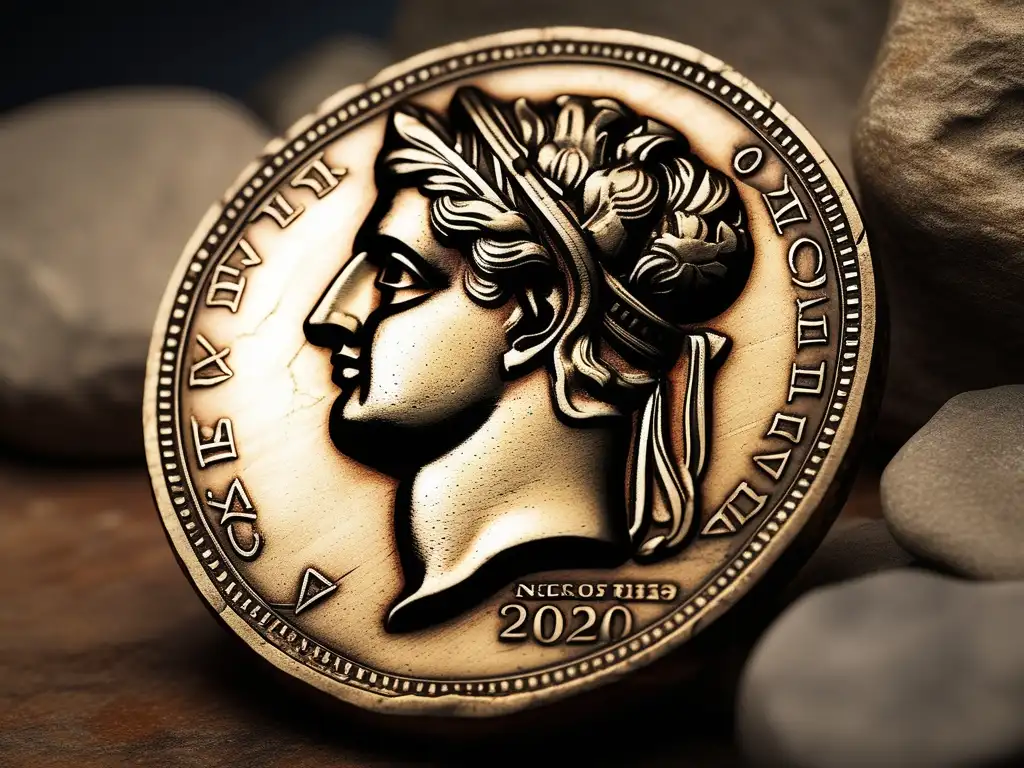 Monedas antiguas de Grecia perdidas: Detalle de una moneda griega clásica envejecida sobre superficie de piedra, con grabados y desgaste del tiempo