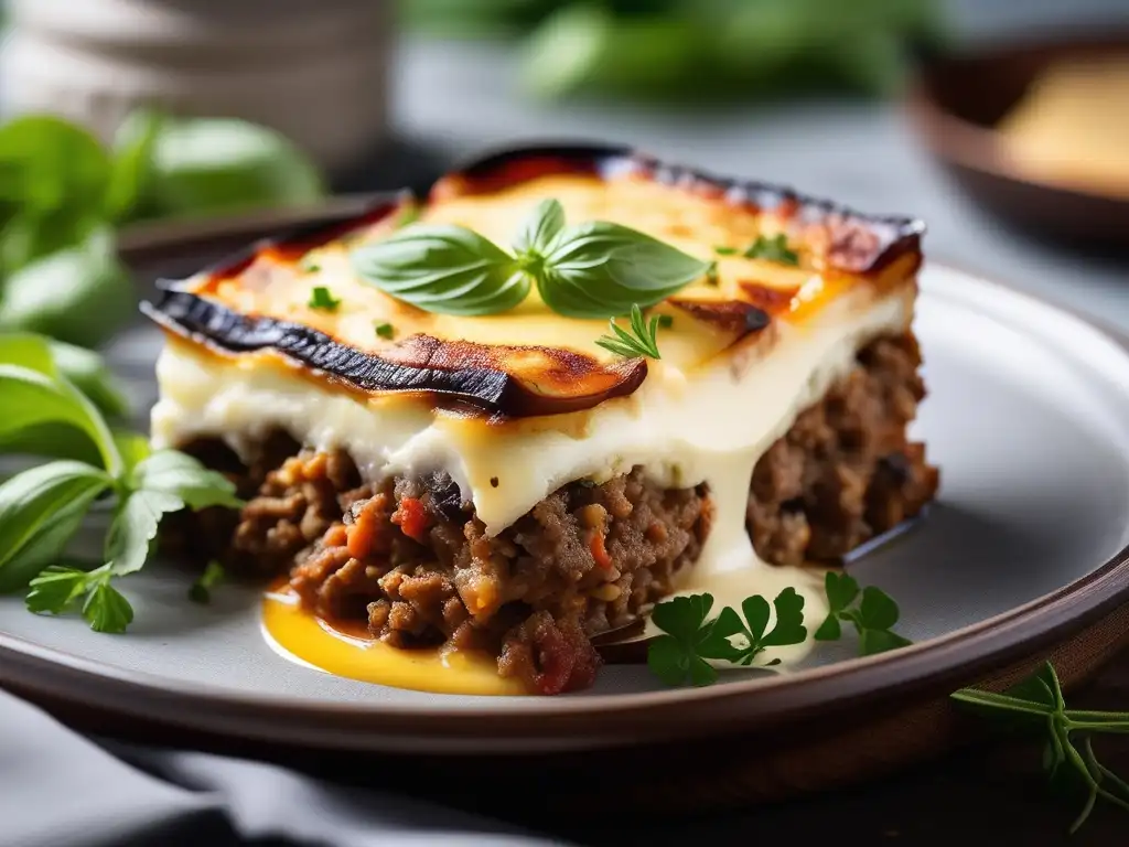 Delicias culinarias Helenísticas: Moussaka exquisitamente presentada con capas de berenjena, carne molida condimentada y salsa bechamel cremosa