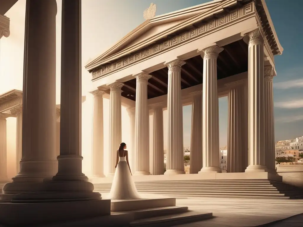 Mujer en vestido griego frente a templo: Matrimonio en la Antigua Grecia: Amores y desamores