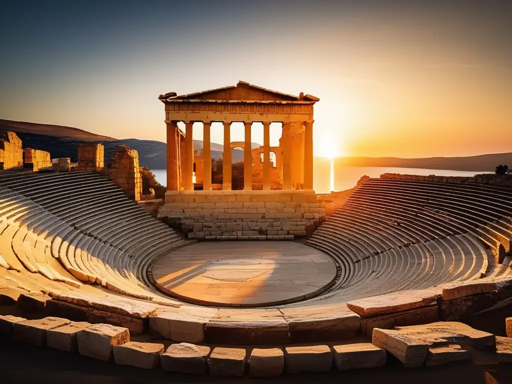 Mujeres en la Antigua Grecia: Belleza y roles - Anfiteatro griego al atardecer, con ruinas iluminadas por el sol y una mujer segura en el escenario