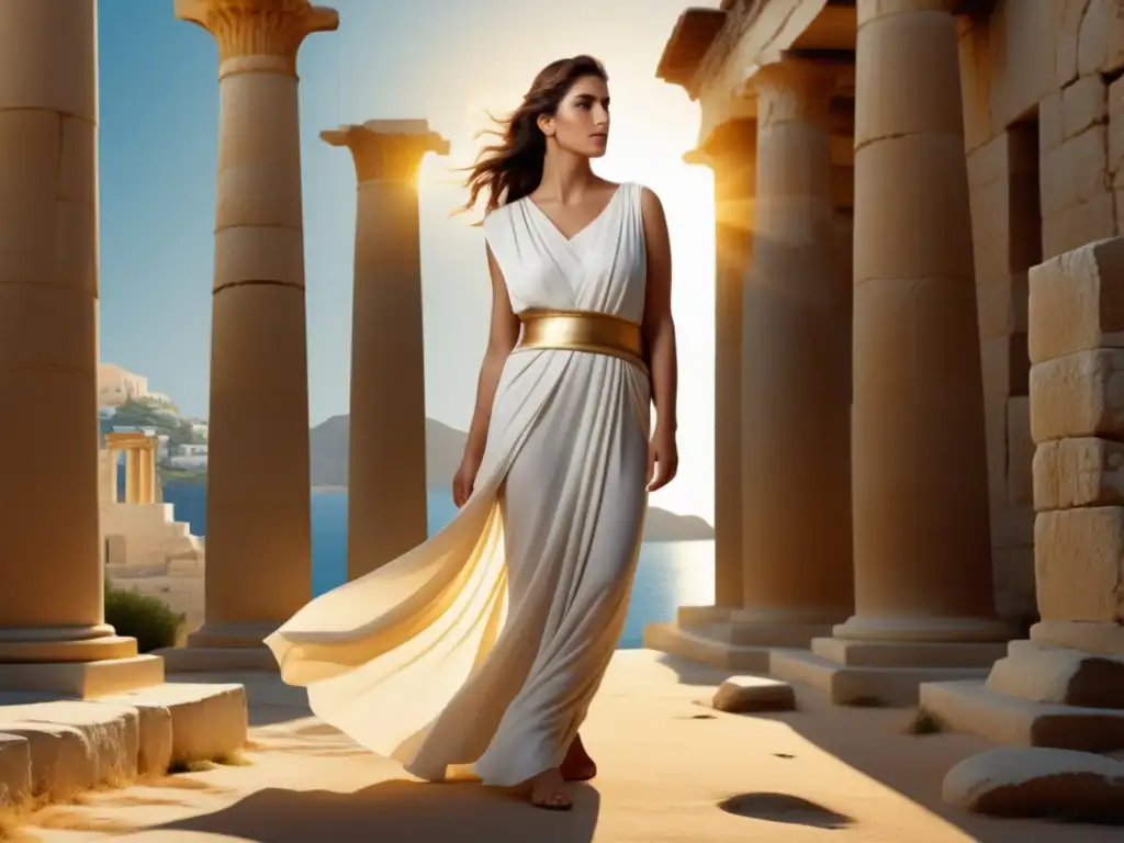 Mujer griega con chitón elegante Prendas emblemáticas de la antigua Grecia: mujer griega con chiton blanco y ruinas de fondo