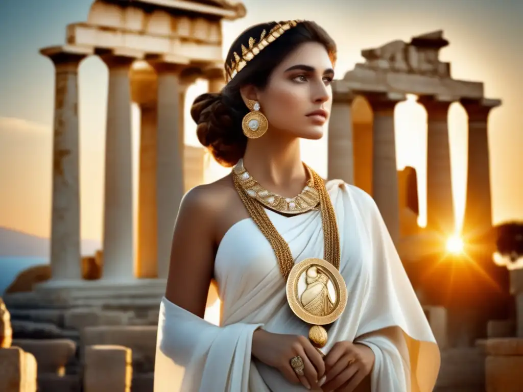 Mujer griega con chiton blanco y accesorios dorados, simbolismo oculto en la vestimenta de la Antigua Grecia