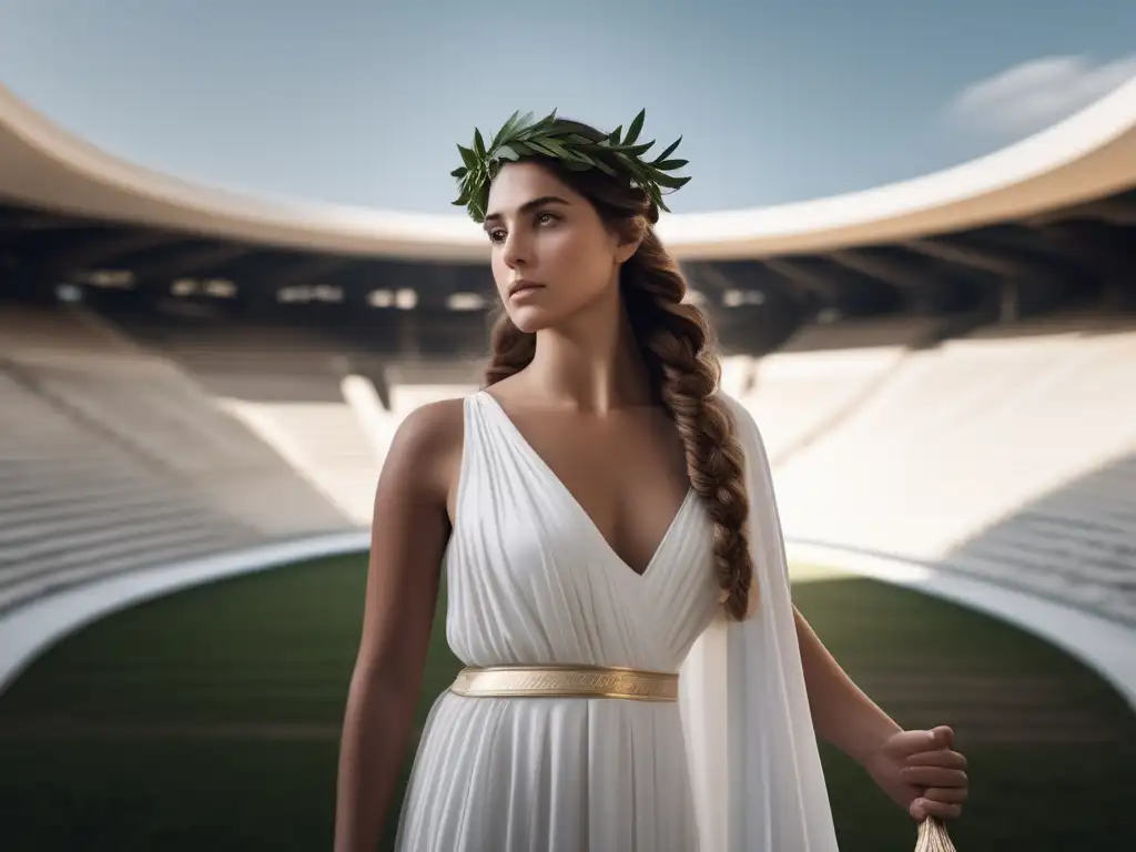 Mujeres en Juegos Olímpicos Antiguos: Dama griega en estadio, con toga, corona de laurel, representando pureza y atletismo