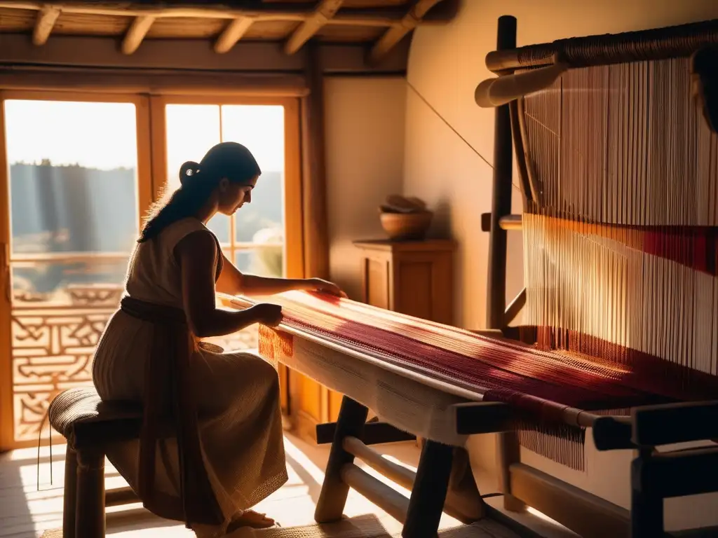 Mujer griega en un telar, rodeada de textiles y herramientas, resaltando la importancia económica del telar en Grecia