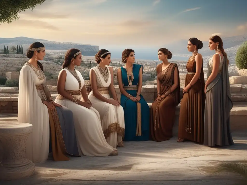 Mujeres de Corinto en la sociedad antigua: imagen de grupo de mujeres elegantes, empoderadas y con influencia en la hermosa ciudad de Corinto