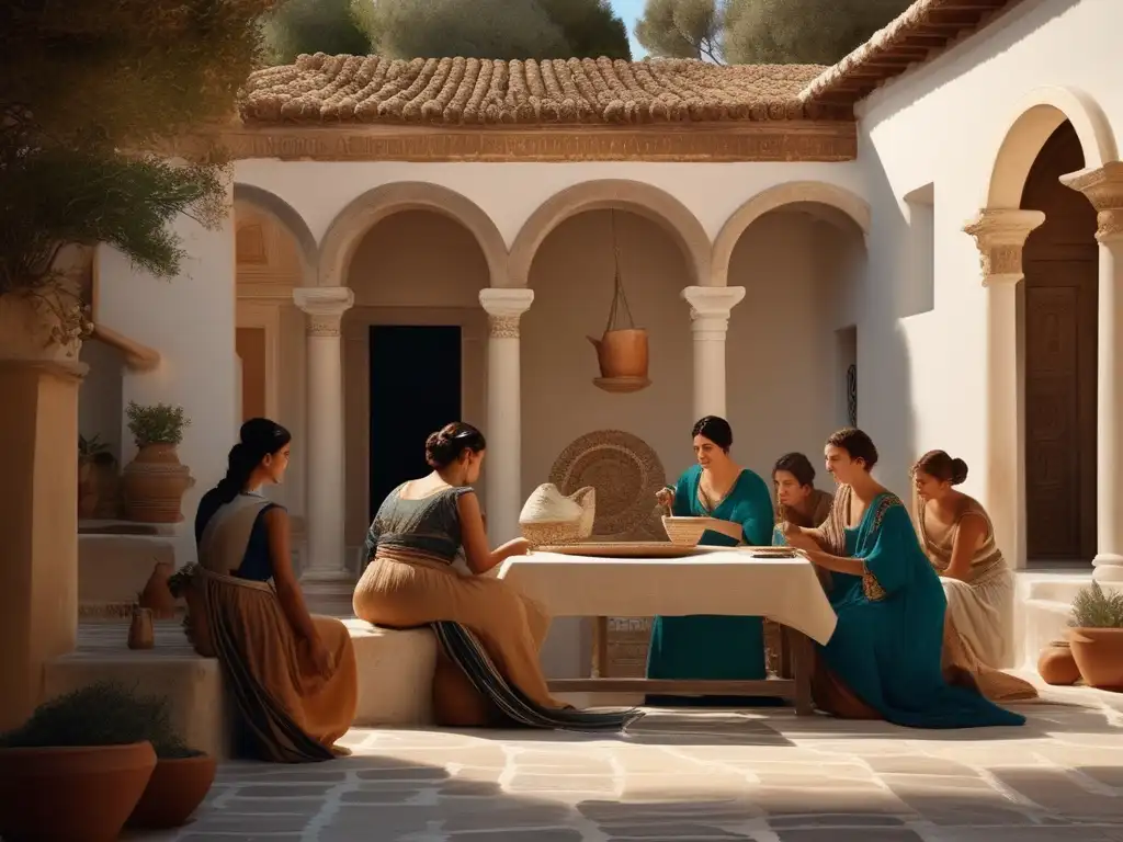 Mujeres en la pintura y cerámica de la Antigua Grecia - Mujeres artistas en un patio griego antiguo, creando, conversando y compartiendo inspiración