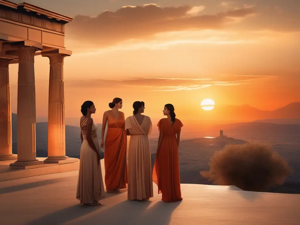 Mujeres guerreras en la Antigua Grecia, conversando en un paisaje sereno con una puesta de sol impresionante