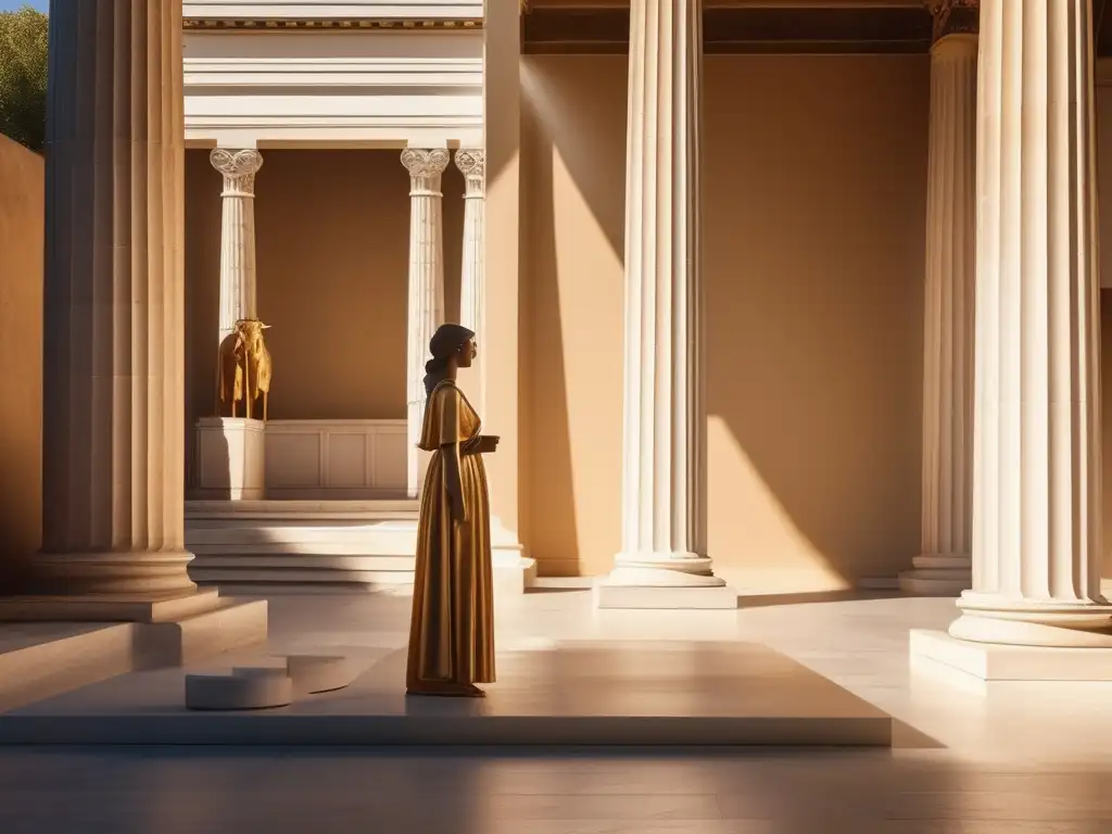 Importancia mujeres educación antigua Grecia: imagen de un templo griego con una estatua de mujer y olivos en un patio tranquilo