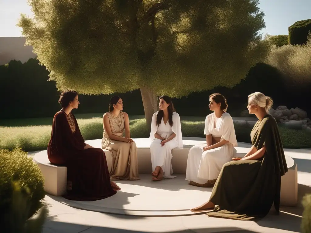 Mujeres filósofas en la Antigua Grecia, profundamente contemplativas en un jardín sereno, vestidas con elegancia y rodeadas de naturaleza y mármol