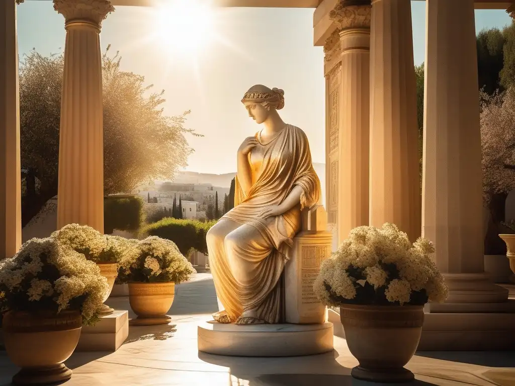 Filósofas griegas destacadas en la historia: Patio griego antiguo con estatua de mármol de Hypatia y flores delicadas