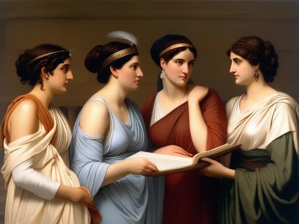 Representación mujeres antigua Grecia: Aspasia, Sappho y Hypatia, figuras destacadas en toga, lyra y compás, con arquitectura griega