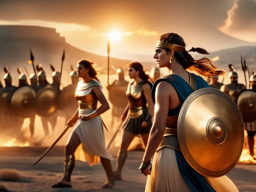 Mujeres guerreras en la antigua Grecia luchan con determinación y coraje en un campo de batalla