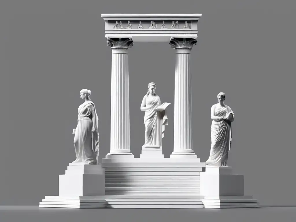 Mujeres filósofas en Grecia clásica: Templo griego con estatuas de Hypatia, Aspasia, Diotima y Arete