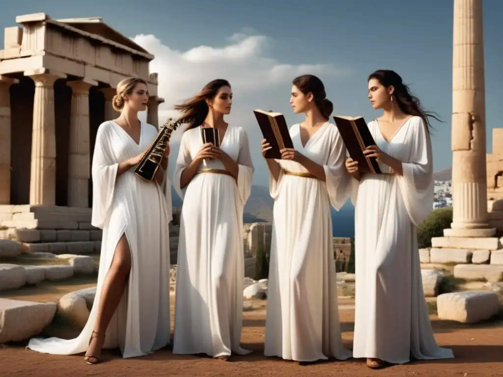 Tres elegantes mujeres musas de la música antigua griega, con instrumentos musicales, en ruinas griegas