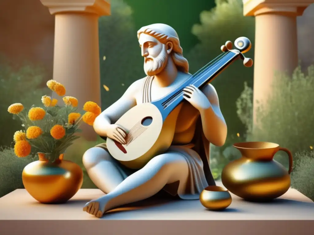 Mesomedes de Creta, último gran compositor de Grecia, rodeado de instrumentos musicales antiguos en un jardín sereno