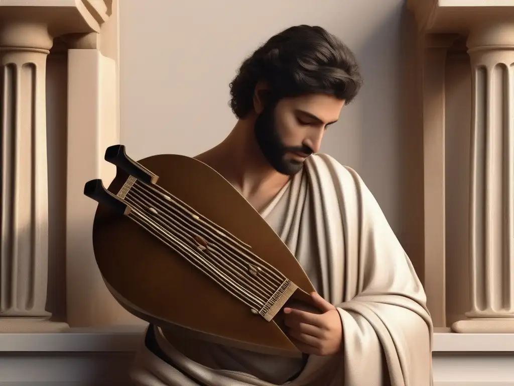 Música Griega: Músico tocando la lira, atuendo y accesorios tradicionales, detalles exquisitos, fondo terroso, iluminación suave