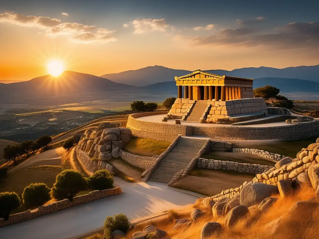 Misterio asentamientos primera civilización Grecia - Ciudad antigua de Micenas con Puerta de los Leones y paisaje dorado al atardecer