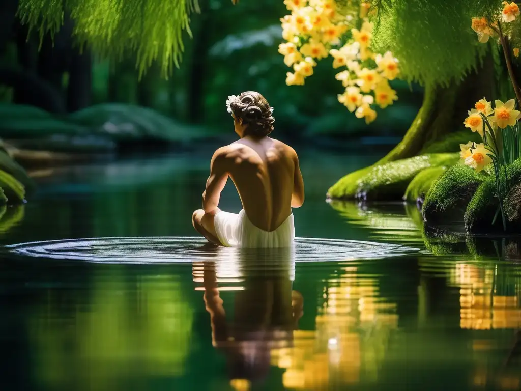 Narciso en la mitología griega: Imagen impresionante de Narciso en un escenario cautivador, reflejando su figura y simbolismo