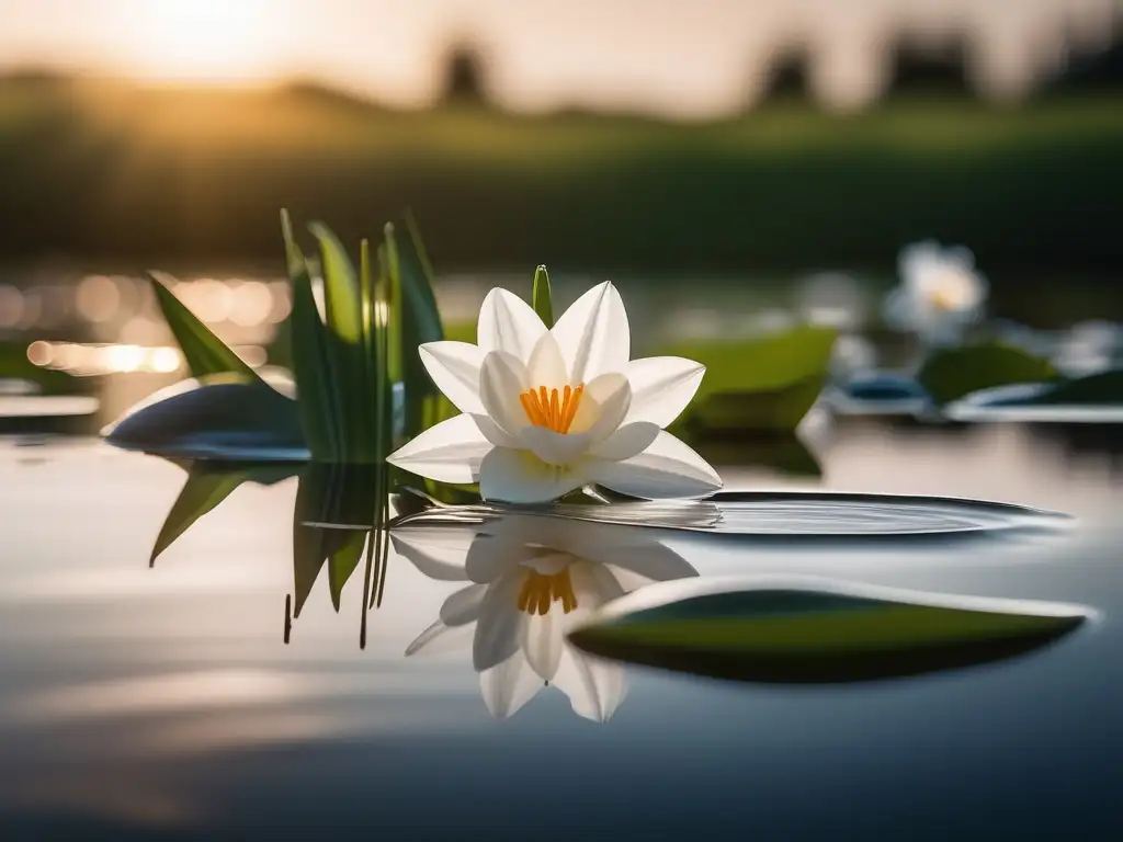 Trágica leyenda Narciso amor propio - Reflexión narcisista en un estanque con lirio blanco, belleza y melancolía