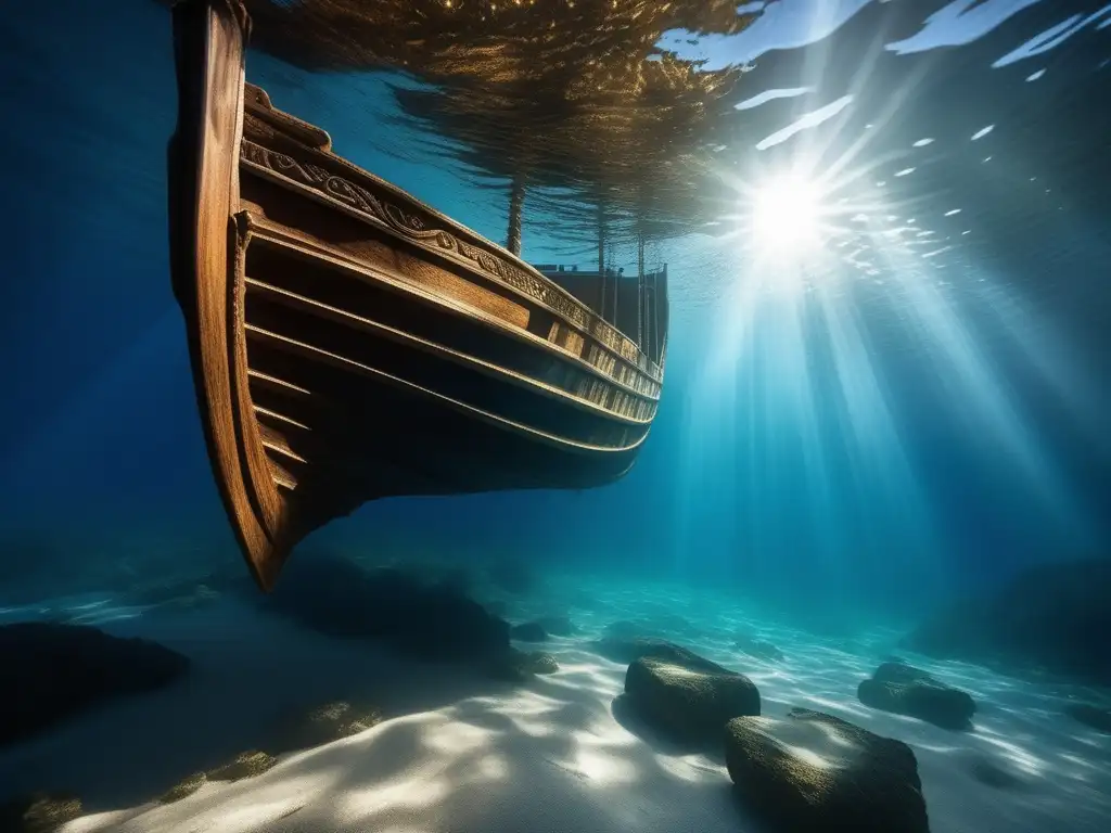 Tesoros sumergidos Antigua Grecia: Imagen fascinante de naufragio en el mar Egeo, con fragmento de casco adornado, vida marina vibrante y misterio