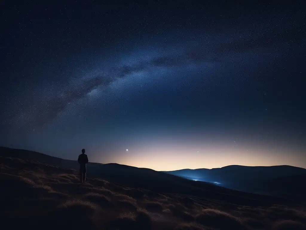 Filosofía jónico antiguo cosmos: Noche estrellada en Grecia, con figura contemplativa