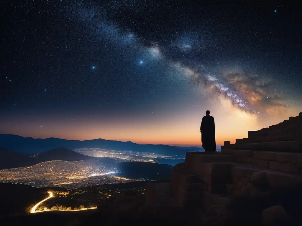 Cosmología en la Antigua Grecia: Vista impresionante del cielo nocturno con la Vía Láctea y una figura solitaria