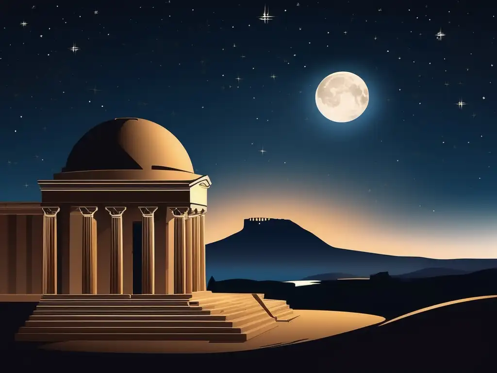 Astronomía en la Antigua Grecia: Noche estrellada sobre observatorio griego, conectando pasado y cosmos