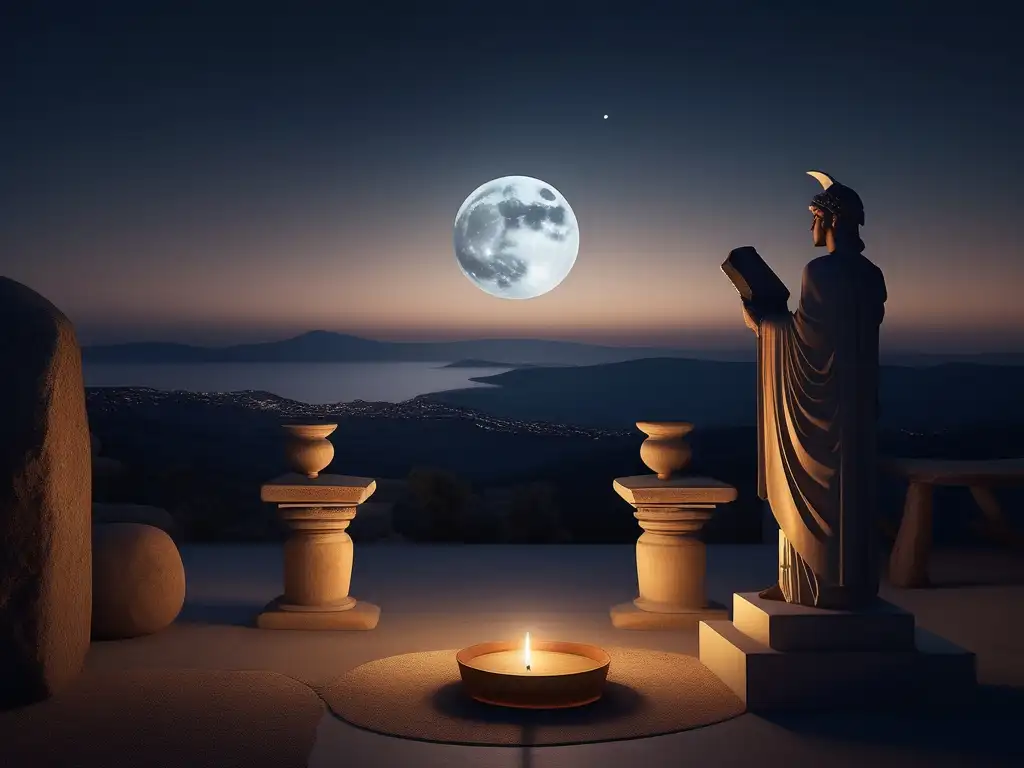 Rituales luna Antigua Grecia: Serene noche, figura solitaria, altar piedra, ambiente místico, conexión naturaleza