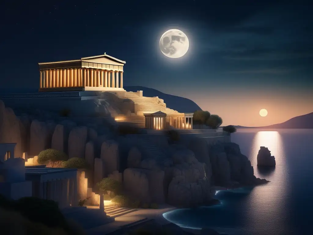 Paisaje nocturno en Grecia: Templo majestuoso, Pacto del Peloponeso, figuras discutiendo (110 caracteres)