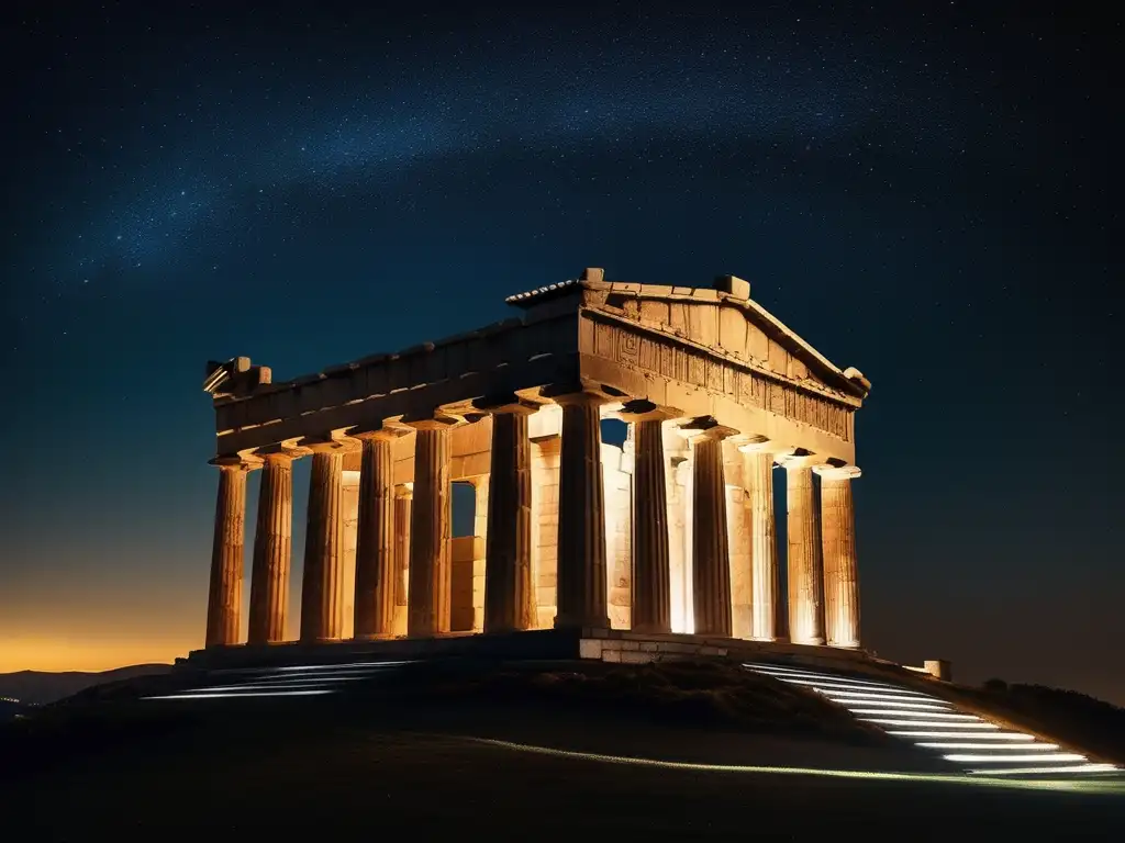 Influencia música en astronomía griega: Observatorio griego antiguo, astrónomos trabajando en instrumentos, belleza del cielo nocturno