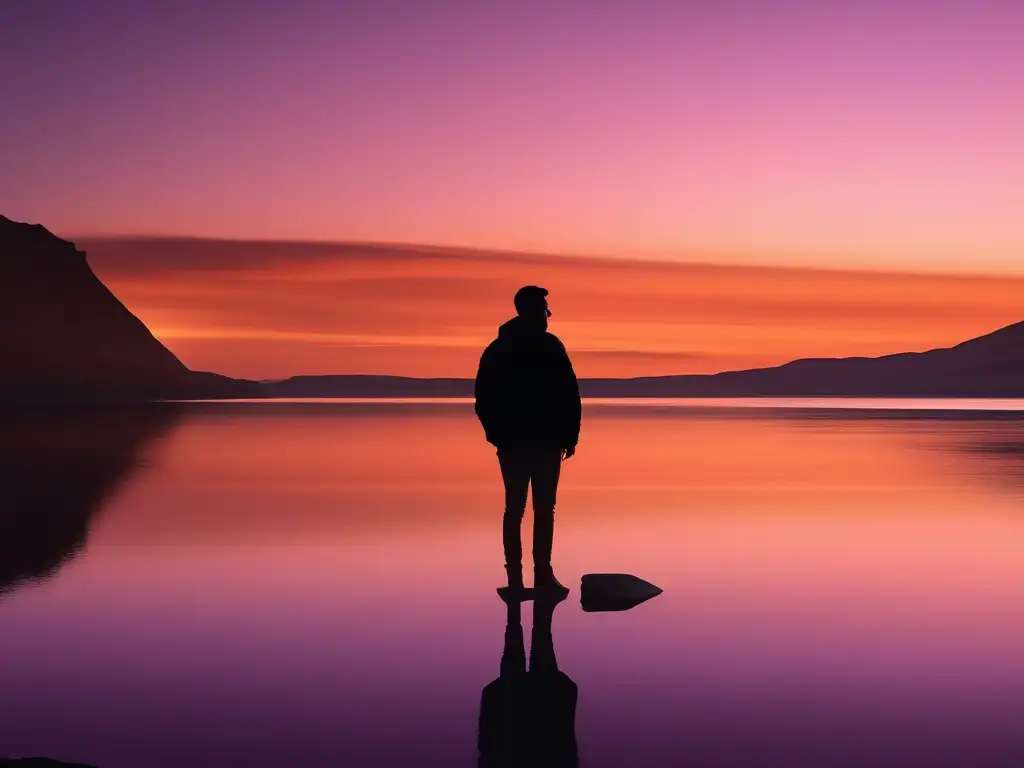 Reflexiones sobre el tiempo según Platón: una serena puesta de sol dorada sobre un lago, con figura solitaria en el horizonte