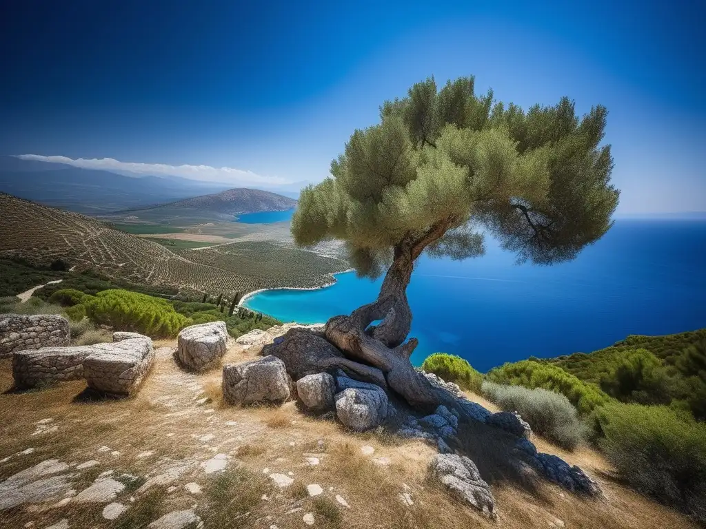 Historia de Esparta en el Peloponeso: Majestuoso paisaje de colinas y montañas verdes, mar azul, antiguo olivo y luz sublime