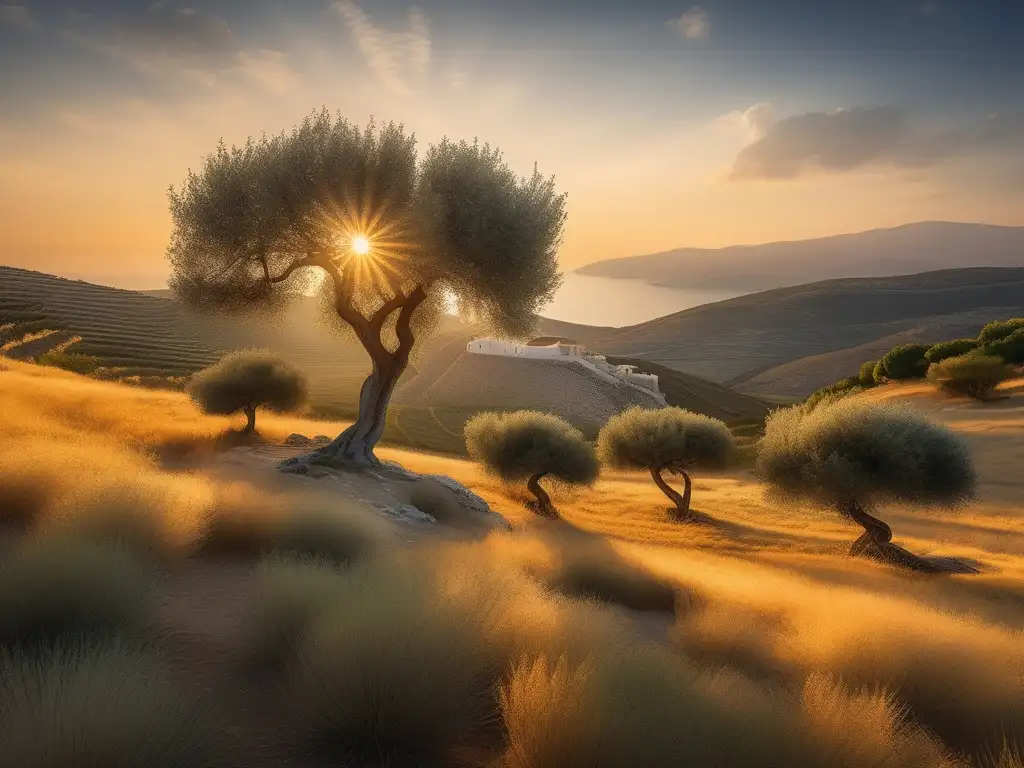 Paisaje griego sereno con árbol de olivo y plantas medicinales, muestra belleza y beneficios de plantas medicinales en Grecia