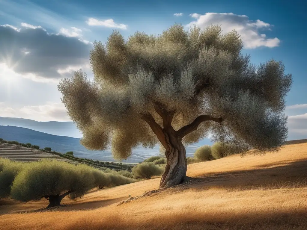 Significado sagrado del olivo en Grecia: majestuoso árbol solitario con hojas verdes y olivas colgantes, en paisaje tranquilo