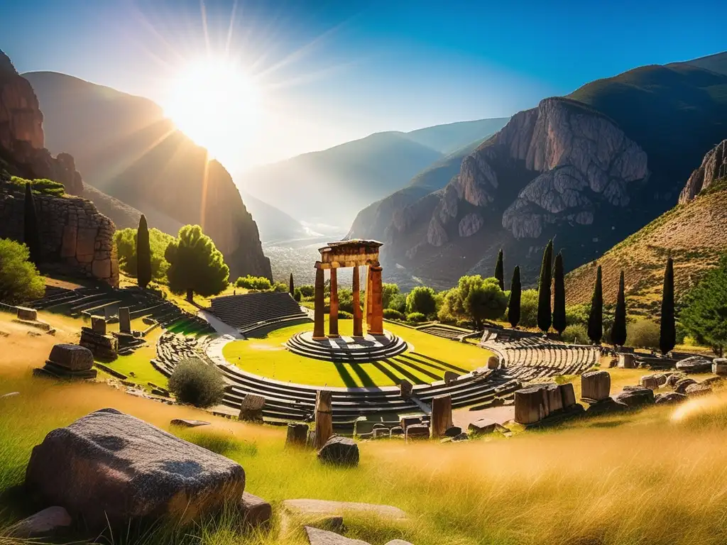 Ruinas magníficas del Oráculo de Delphi, templo icónico en Grecia con paisaje verde y montañas nevadas