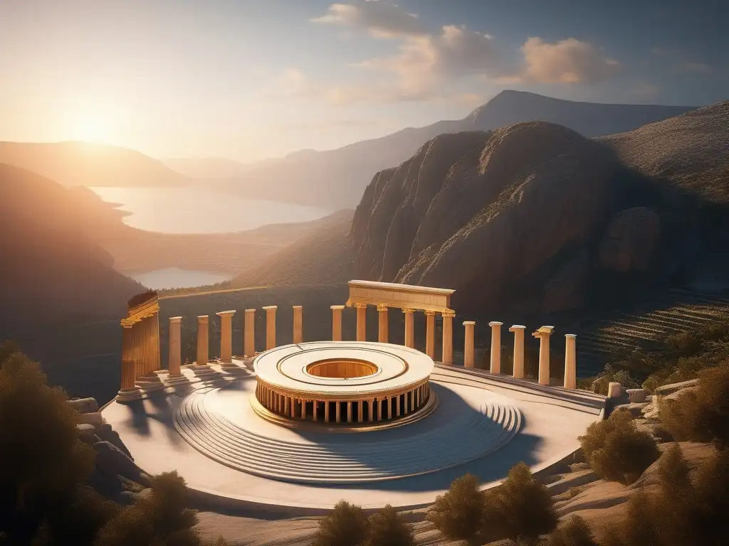 Adivinación en la Antigua Grecia: Delphi Oracle, paisaje montañoso, estructura majestuosa, carvings y ambiente místico