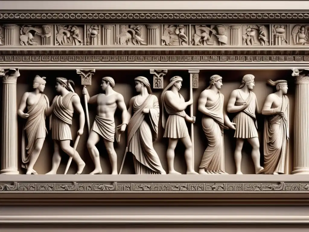 Frieze griego: belleza y detalle Arte ornamental antigua Grecia: Detalle de una impresionante imagen fotorealista que captura la esencia de la ornamentación griega